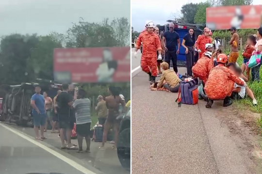 Passageiros se ajudam após van tombar em colisão na BR-356, entre Campos e SJB